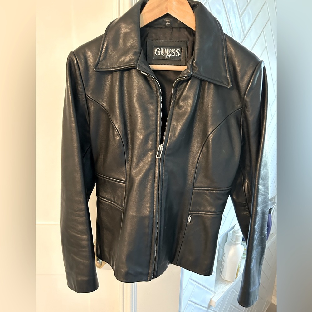 Guess fitted black leather jacket